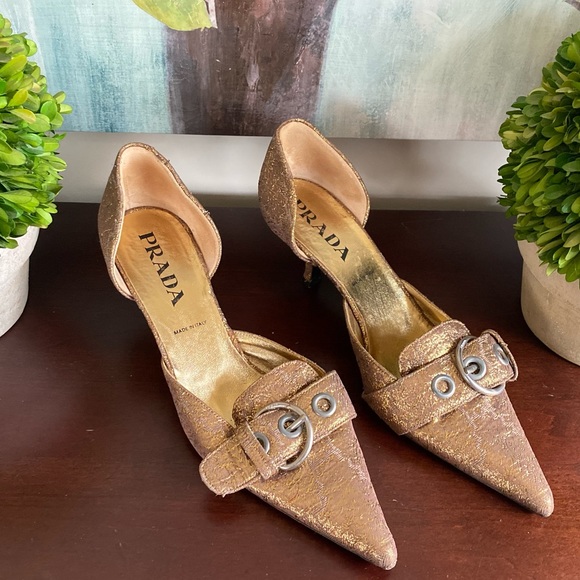 PRADA VINTAGE D’ORSAY KITTEN HEELS PUMPS GOLDEN BROCADE ICONIC BUCKLE SIZE 39.5 - Picture 11 of 17